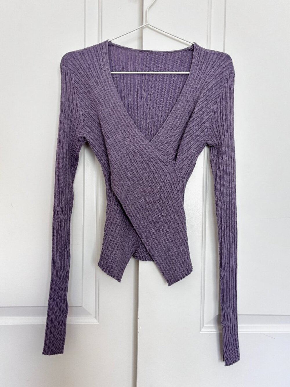 Dusty Purple Ribbed Knit Wrap Top Crossover Front, Long Sleeve, S
